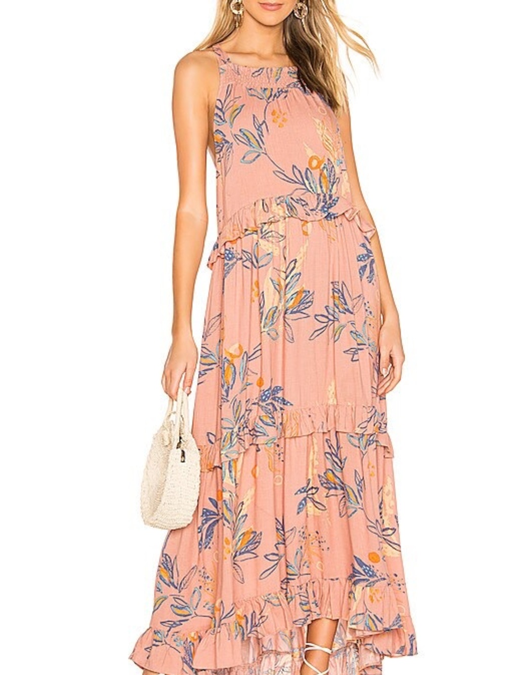 Free People Floral Ruffle Maxi Dress in Dusty Rose
